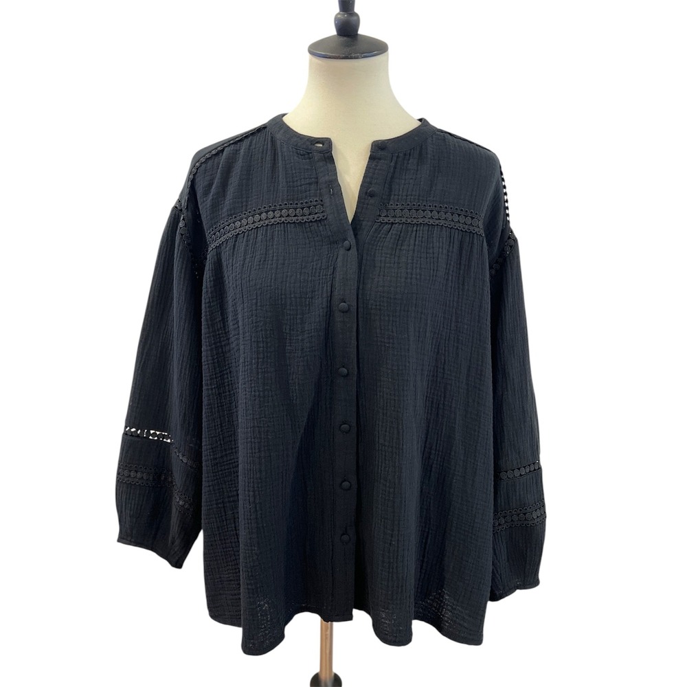 Johnny Was Calme Button Down Gauze Blouse Sleeve Darts Black Sz Medium NEW